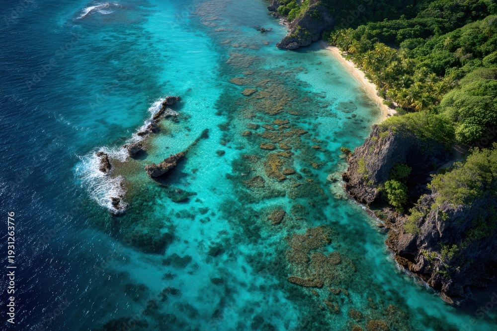 Fototapeta premium Aerial view of a tropical coastline with lush green cliffs and vibrant turquoise coral reefs tropical island