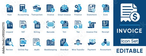 Invoice icon set. Containing accounting, billing, receipt, bookkeeping, transaction, tax, document and more. Solid vector collection.