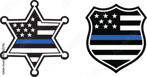 Obraz na płótnie Police Badge and Sheriff Star with Thin Blue Line USA Flag Vector