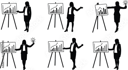 Businesswoman presenting financial growth chart on board silhouettes set isolated on light background, corporate presentation and analytics concept for marketing and strategy design