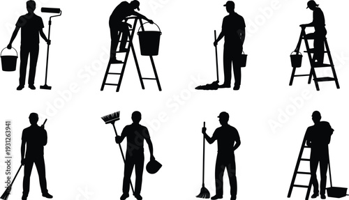 Cleaning Workers and Painters Silhouettes Set with Ladder, Roller, Bucket, Broom and Mop Isolated on White Background, Maintenance and Housekeeping Vector Illustration Collection
