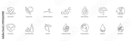 Natural Organic Oils and Skincare Benefits Vector Icons: Hydration, Anti-Aging, and SPF Line Art