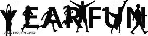 Black silhouette typography YEAR FUN design, playful human figures integrated with letters, jumping