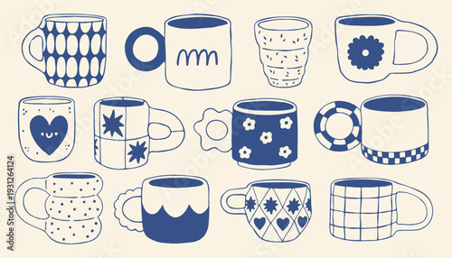 Hand drawn ceramic mug collection in blue line style. Cute mediterranean patterned cups set for cafe branding, kitchen decor, menu design, packaging and cozy lifestyle graphics