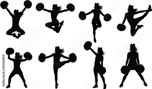 Cheerleader silhouettes with pom poms, energetic dance poses, jumping,