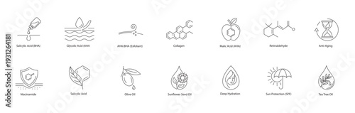 Advanced Exfoliating Acids and Anti-Aging Skincare Formula Vector Icons in Line Art