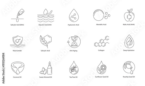 Clarifying Skincare Actives and Carrier Oils Vector Icons: Salicylic Acid, Hyaluronic Acid, and Anti-Aging Formulations Line Art
