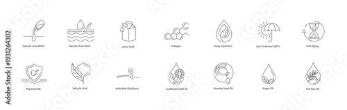 Skincare Routine Exfoliants, Natural Oils, and SPF Protection Vector Icons Line Art