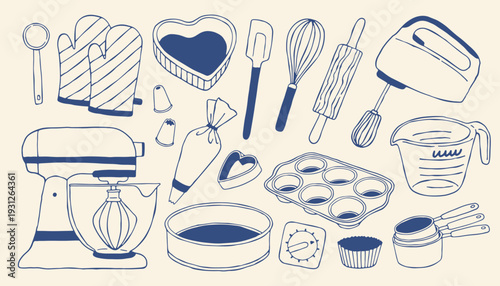 Hand drawn baking tools set in blue line style. Mixer, whisk, rolling pin and pastry accessories vector illustration perfect for bakery branding, packaging and dessert design