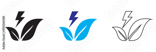 Electricity icon. Minimal flat design illustration featuring electric icons in black, blue, and white variations on light background.