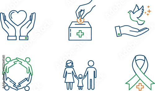 Health care icons, charity donation, compassion support, peace healing, community unity, family wellbeing, medical awareness ribbon, vector illustration design