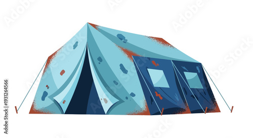 Illustration of a weathered blue canvas tent with windows