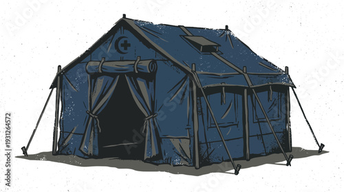Military field hospital tent with medical symbol, blue canvas structure