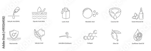 Alpha Hydroxy Acids and Natural Nourishing Skincare Oils Vector Icons Line Art