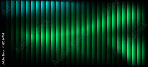 Abstract Green and Cyan Neon Vertical Stripes Background. Futuristic Digital Light Effect with Glowing Motion Blur and Dark Gradient.