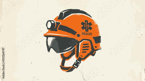 Orange rescue helmet with headlamp and star of life symbol, safety gear