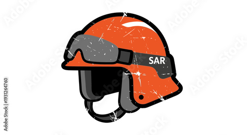 Orange SAR helmet with goggles and distressed texture