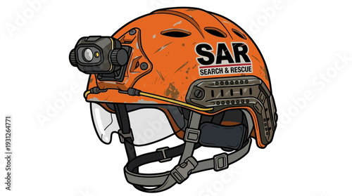 Orange SAR helmet with headlamp and visor, Search and Rescue gear