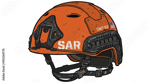 Orange SAR helmet with US flag detail, tactical protection gear