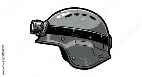 Tactical helmet with headlamp, safety gear, illustration