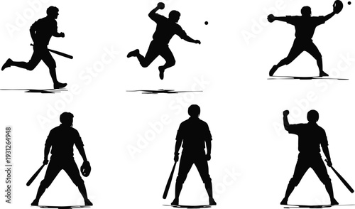 Silhouette baseball players in action poses, batting, pitching, throwing, running, sports stances, athletic movement, team game concept illustration