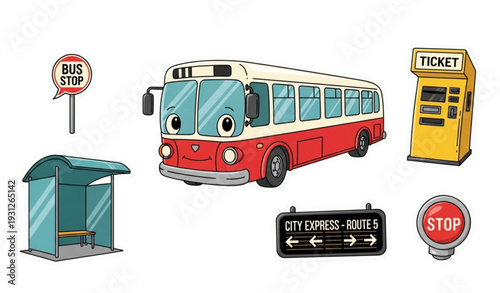 A colorful vector graphic illustration of a bus and transportation icons