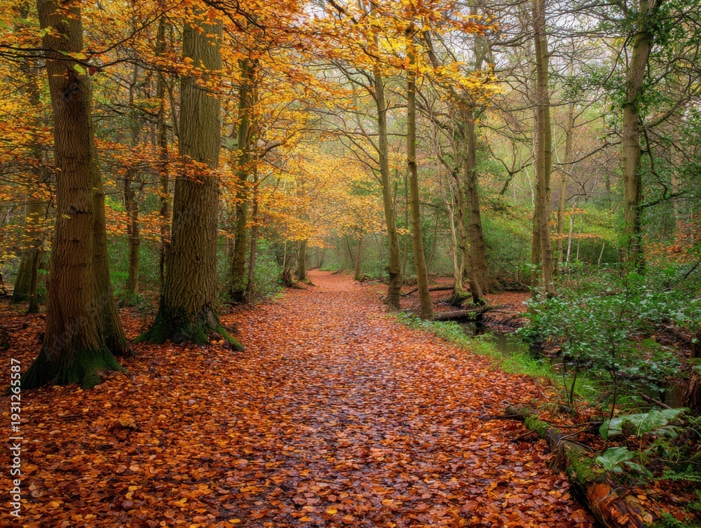 Obraz premium Autumn Forest Path Lined with Trees and Covered in Orange Fallen Leaves image photo