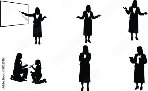 Teacher silhouettes with students, classroom instruction, educational poses, pointing at board, reading book, explaining concepts, teaching gestures, learning interaction