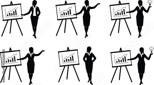 Businesswoman presenting growth chart on flip chart board silhouettes collection isolated on light background, corporate training and financial analytics presentation concept