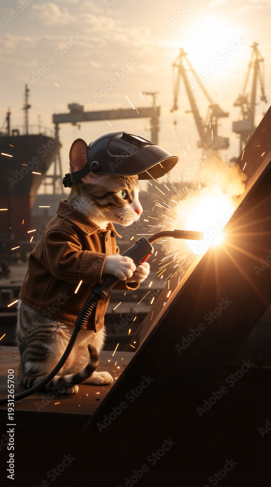 Fototapeta premium Cat welder holding torch with sparks in industrial setting. Vertical photo of funny pet construction worker concept