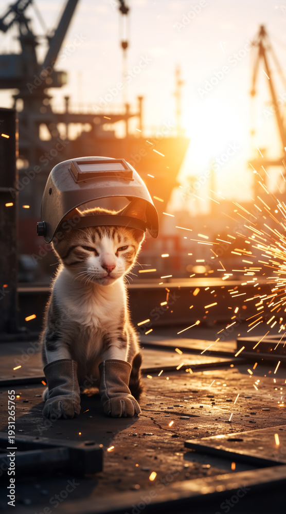 Naklejka premium Vertical photo of a kitten welder wearing a protective mask and gloves at sunset. Industrial worker cat with welding sparks in a shipyard