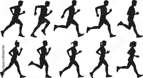 Running Men and Women Silhouettes Set in Different Sprint Poses Isolated on White Background, Athletic Jogging and Fitness Training Vector Illustration Collection