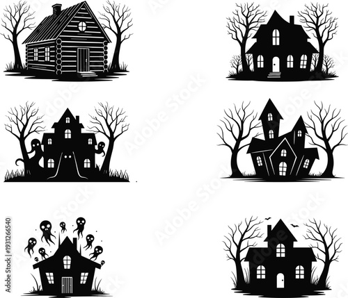 Vector silhouette collection of haunted houses spooky cabins and ghost mansions with bare trees for Halloween holiday themed graphic designs