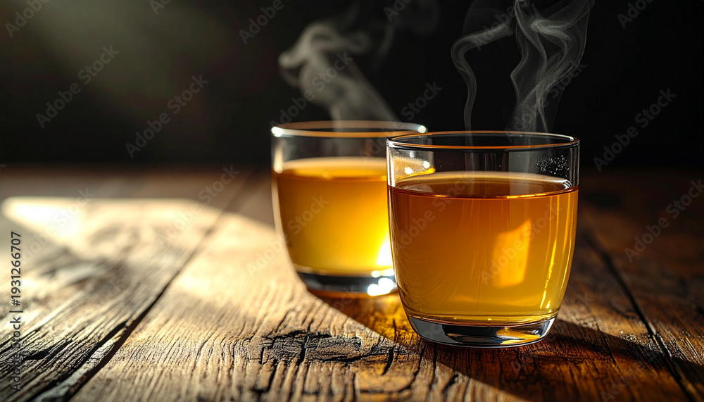 Fototapeta premium Two transparent glasses filled with hot tea and rising steam placed on a rustic wooden table.