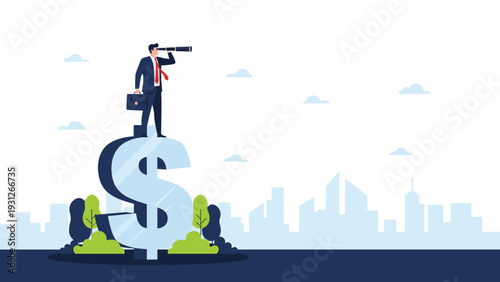 Ambitious businessman stands on a giant dollar sign while using a telescope to look for new financial opportunities in the city.