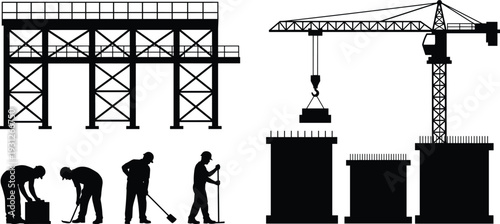 Vector silhouette collection of construction workers building structures with heavy machinery including a crane and scaffolding for industrial project design
