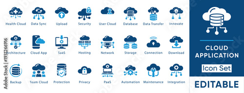 Cloud application icon set. Containing SaaS, PaaS, database, hosting, architecture, automation and more. Solid vector icons collection.