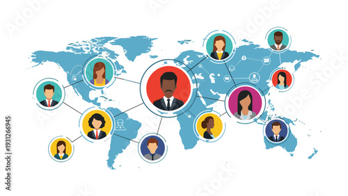 Global network map connects diverse profile icons across continents to illustrate international communication and business outreach.