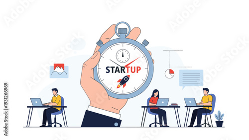 Project manager holds a large stopwatch to track the time for a startup team working diligently on their laptops in an office.