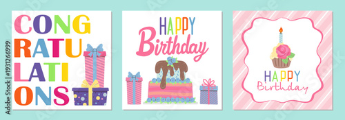 Collection of birthday square cards with colorful presents, delicious chocolate cake and sweet cupcakes. Perfect for social media posts, holiday invitations and party decorations. Vector illustration