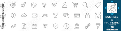 Business and marketing line icon set featuring advertising, strategy, growth, branding, market, analytics, and commercial. Professional editable vector set for business.