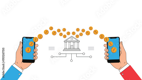 Two users transfer money instantly between smartphones through a secure digital banking system represented by a bank icon.