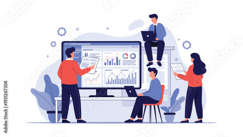 Collaborative team analyzes complex business data and performance metrics on a large computer monitor in a modern workspace.