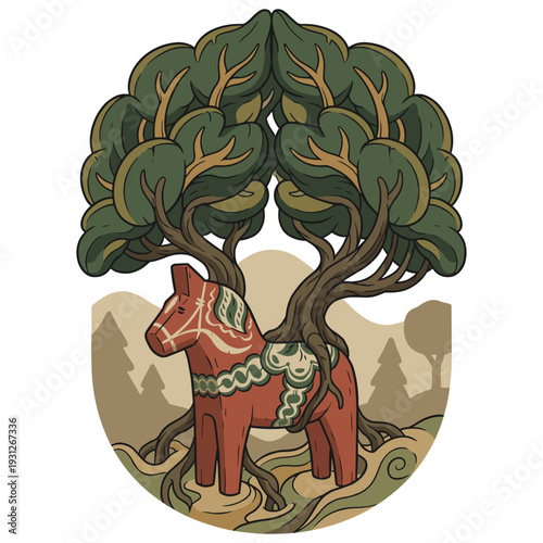 Traditional Swedish Dala Horse Carving with Growing Organic Leaves and Roots