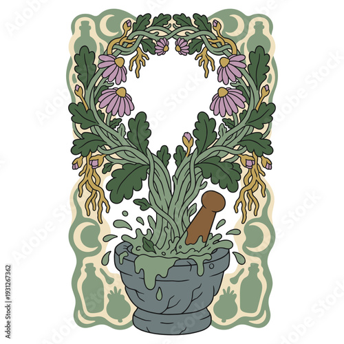 Stone Apothecary Mortar and Pestle with Herbs Exploding into a Symmetrical Botanical Frame