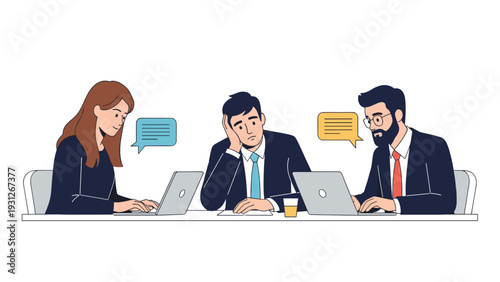 Group of tired office workers sits at a long table with laptops while feeling stressed and exhausted during a long work session.
