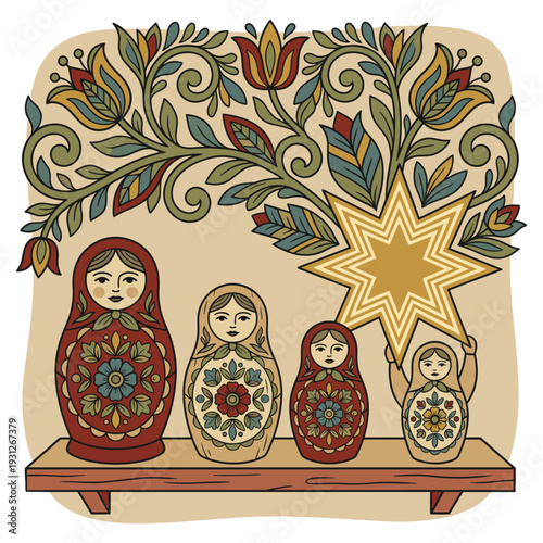 Traditional Matryoshka Nesting Dolls with Smallest Doll Holding a Glowing Star