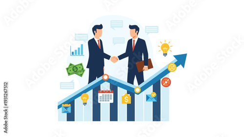 Two professional businessmen shake hands over a rising growth chart to symbolize a successful partnership and financial profit.