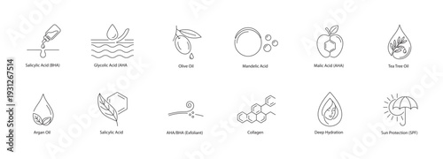 Skincare Treatment and Botanical Oil Vector Icons: Alpha Hydroxy Acids, Collagen, and Deep Hydration Actives Line Art