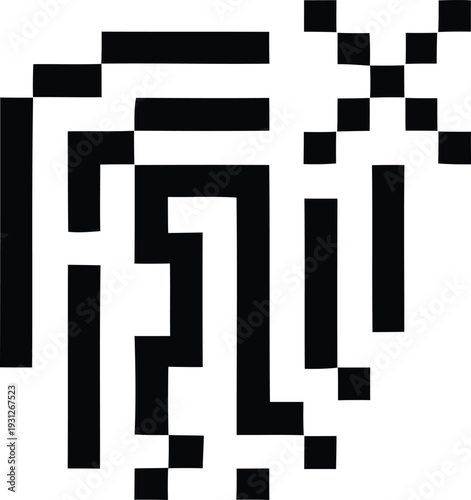 Abstract black pixelated design resembling stylized tibetan or sanskrit letters
